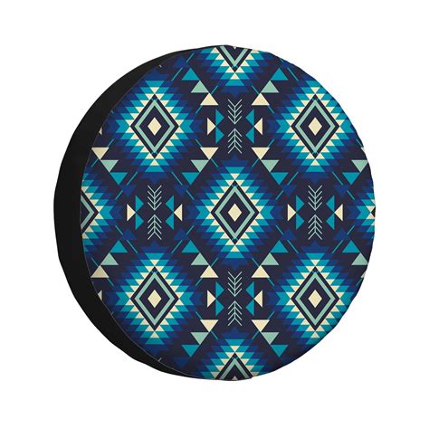 Spare Tire Cover Aztec Motif Tribal Ethnic Blue Navajo Decoration Symbol Weatherproof Wheel ...