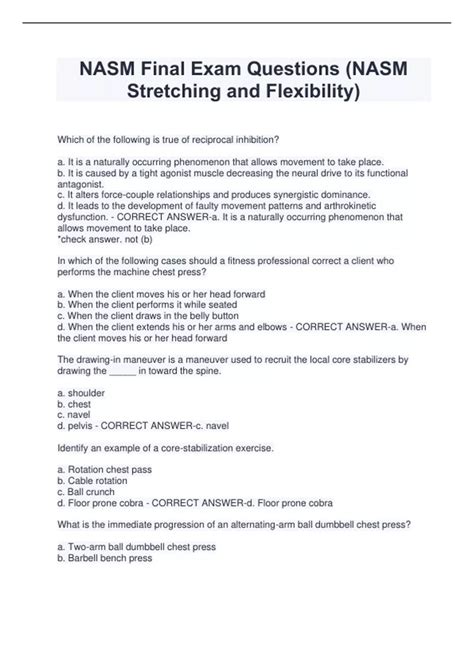NASM Final Exam Questions (NASM Stretching and Flexibility) - NASM ...