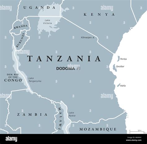 Tanzania political map with capital Dodoma, national borders, islands Zanzibar, Pemba and ...