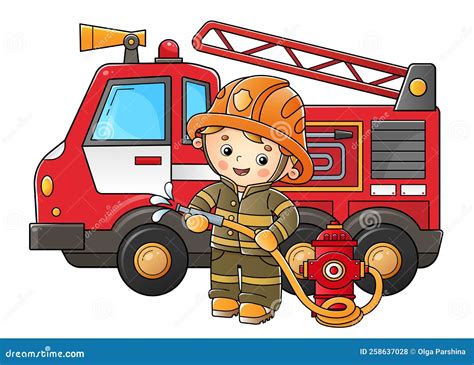 Fire Truck And Fireman Cartoon