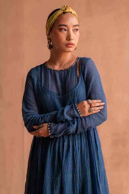 Buy Blue 40gm Chanderi Printed And Hand Embroidered Brij Block Anarkali ...