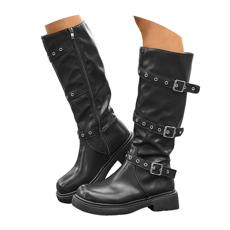 Dakaela Knee High Boots Women Square Toe Pull on Riding Boot Buckles ...