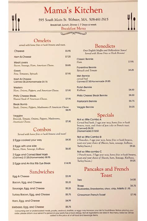 Menu at Mama's Kitchen restaurant, Webster