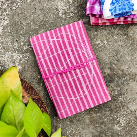 Handmade Upcycled Dabu Pink Stripes Bahi Diary A6 – Sanskruti