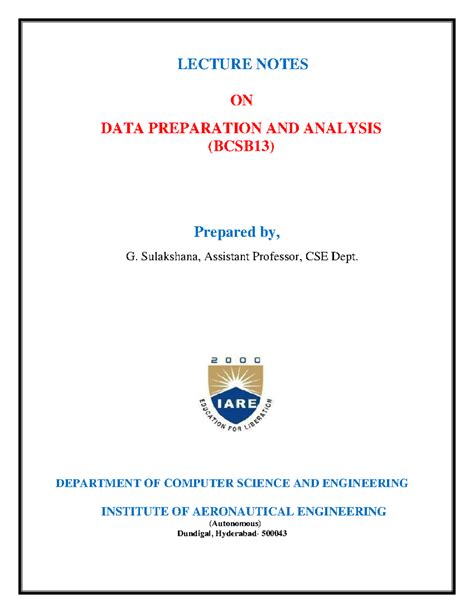 Big Data Analytics: Data Preparation & Analysis Lecture Notes (BCSB13 ...