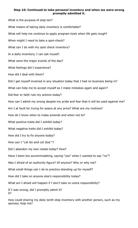 Aa Tenth Step Worksheet