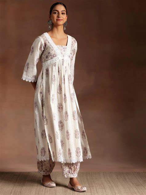 Buy Jannat White Printed Cotton A-Line Kurta With Salwar & Dupatta ...