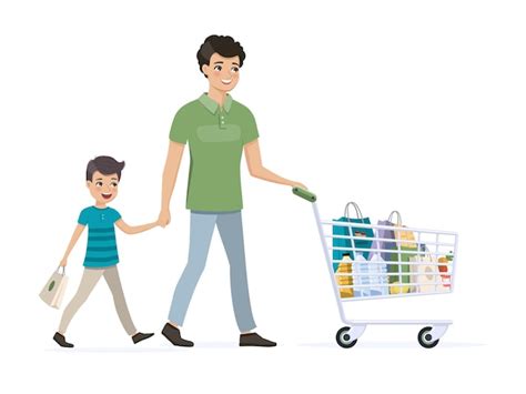 Father and son on shopping with a full grocery cart | Premium Vector