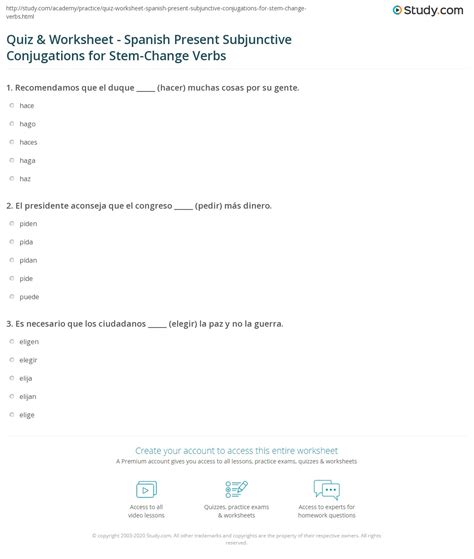 Quiz & Worksheet - Spanish Present Subjunctive Conjugations for Stem-Change Verbs | Study.com