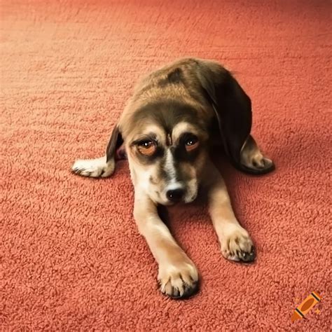Comical image of an old dog peeing on a carpet on Craiyon