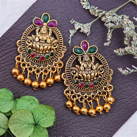 Gold-Toned Contemporary Multicolor Goddess Lakshmi ji Drop Earrings ...