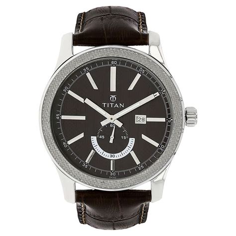 Buy Online Titan Quartz Analog with Date Brown Dial Leather Strap Watch ...