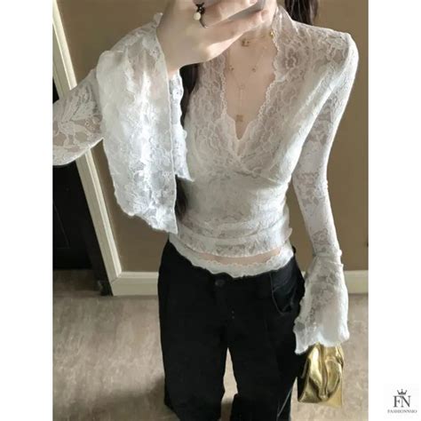 Korean Top - Flare Sleeve Tops - Lace Tops For Women – Fashionnsio