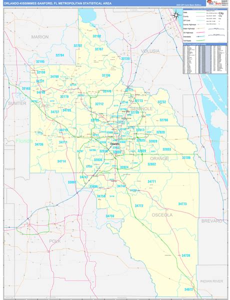 Orlando-Kissimmee-Sanford, FL Metro Area Zip Code Wall Map Basic Style ...