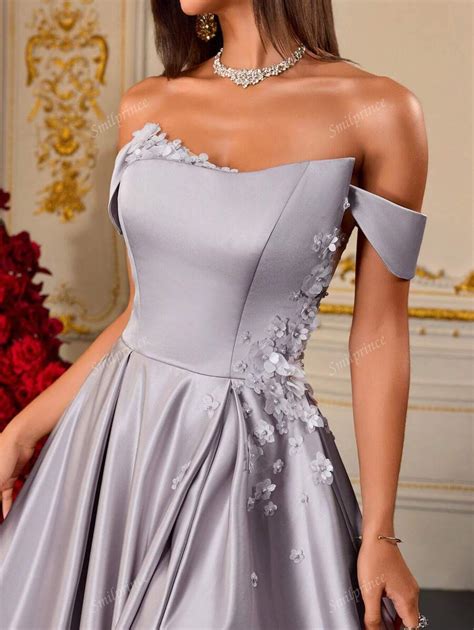 Elegant Silver Satin Off Shoulder Evening Dress For Women With Slit And ...