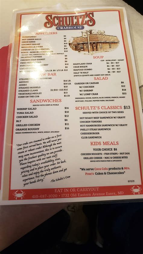 Menu at Schultz's Crab House restaurant, Essex