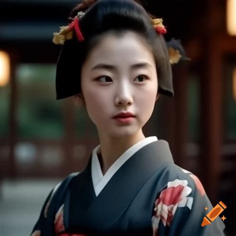 A Japanese woman in a kimono gazing at a full moon in a traditional ...