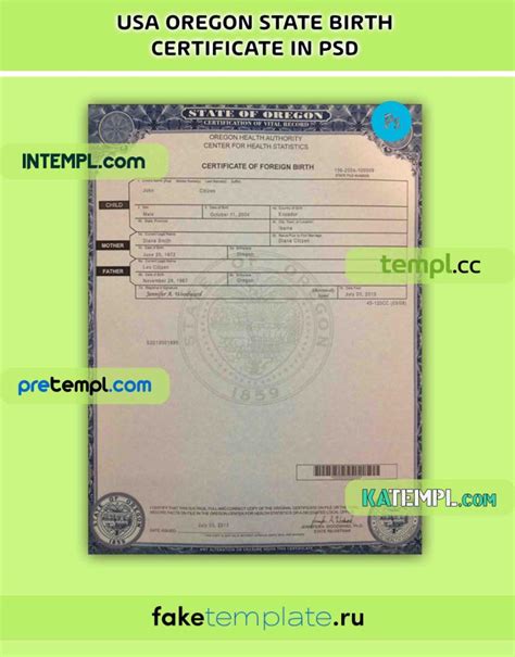 USA Oregon state birth certificate PSD download template