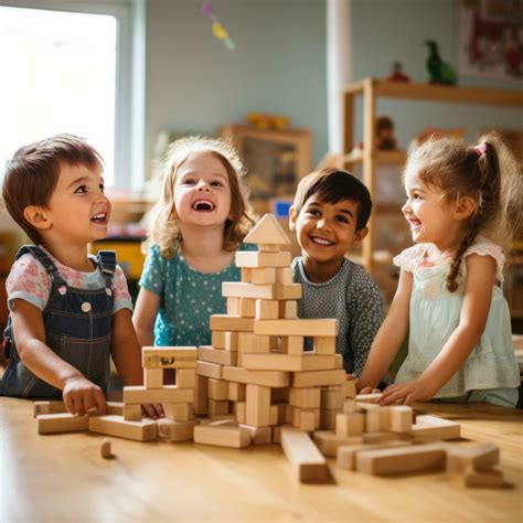 A group of children playing together and building with wooden blocks ...