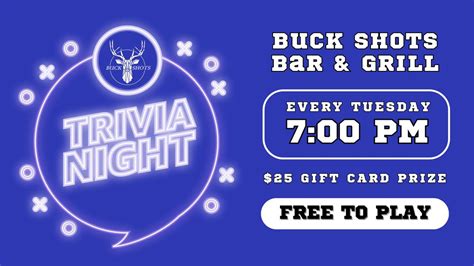 Trivia Tuesday at Buck Shots Bar & Grill - 7 PM, 7048 Gateway Park Dr ...