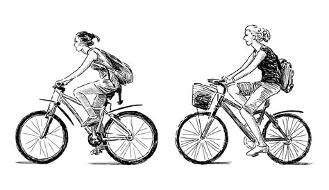 Premium Vector | Two young modern city cyclists girls riding bicycle realistic profile sketch ...