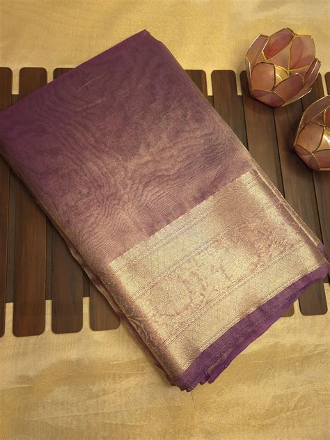 Banarasi Metallic Golden Purple Saree with Simple Elegant Border ...