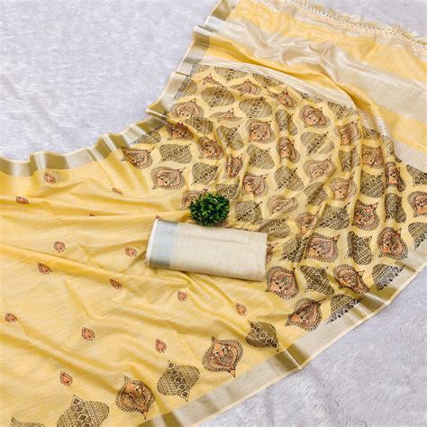 Yellow Embroidered Cotton Silk Saree With Tassels