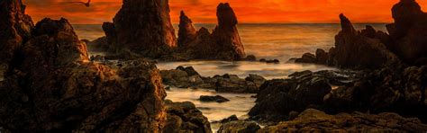 Download wallpaper landscape, sunset, birds, nature, stones, the ocean ...