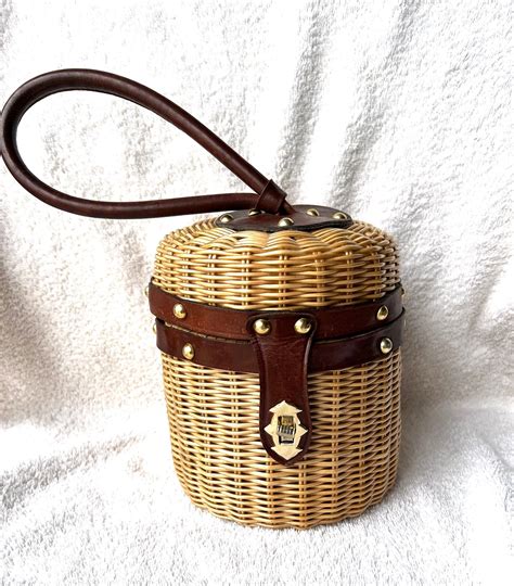 Vintage 1950 1960s Oval Round Wicker Handbag Purse Leather Handle and ...