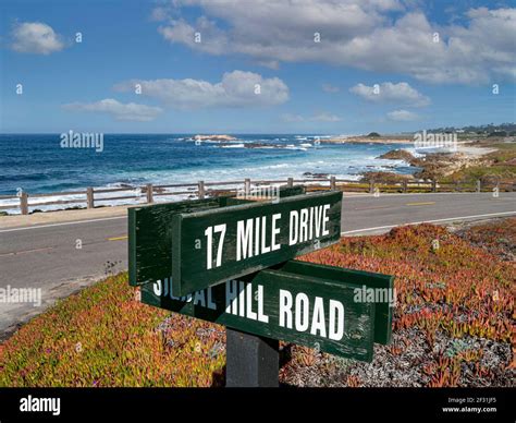 PEBBLE BEACH 17 mile drive coast road sign, scenic Pacific sea route ...