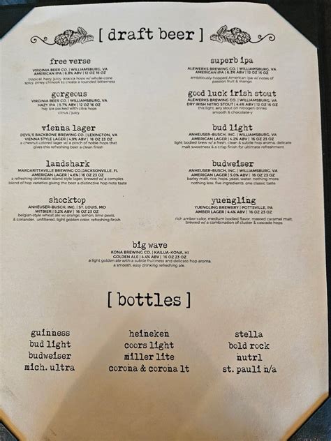 Menu at Oceans & Ale pub & bar, Williamsburg, Richmond Rd