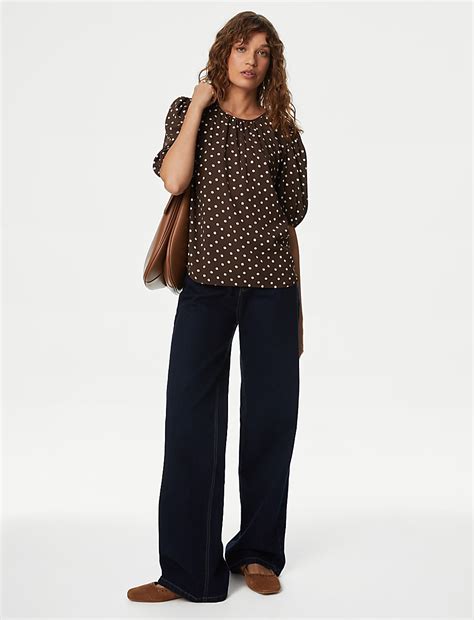 Buy Printed Round Neck Puff Sleeve Blouse at Marks & Spencer