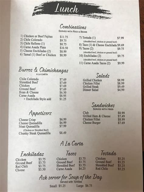 Menu at Plazita México Café restaurant, Tucson