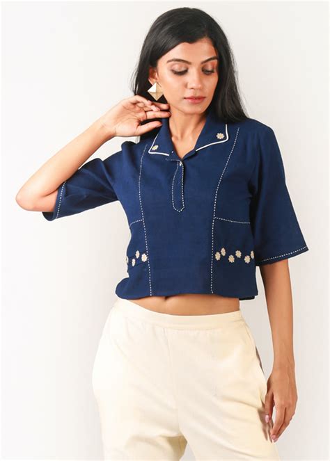 Get Floral Embroidered Detail Denim Crop Top at ₹ 2459 | LBB Shop