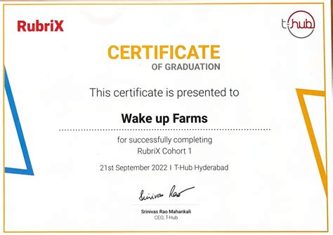 T-Hub certificate | Wakeupfarms Agritech