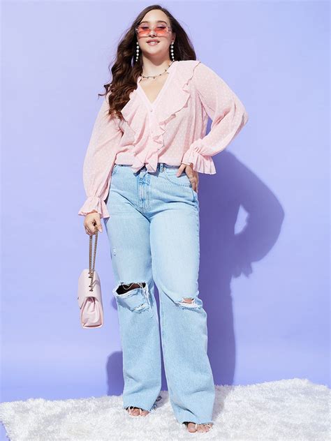 Women Plus Size Solid Pink Dobby Weave V-Neck Puff Sleeve Button-Up ...