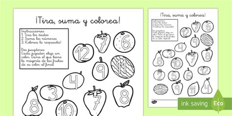 La fruta Ficha de tirar el dado y colorear