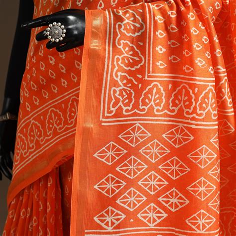 Orange Chanderi Silk Hand Block Print Bagru Saree with Zari Border