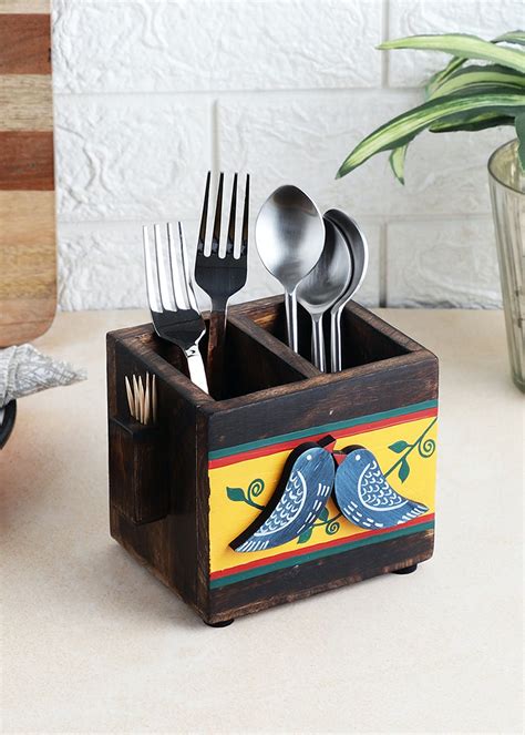 Get Neel Blue Bird Mango Wood Hand Painted Cutlery Holder/ Kitchen ...