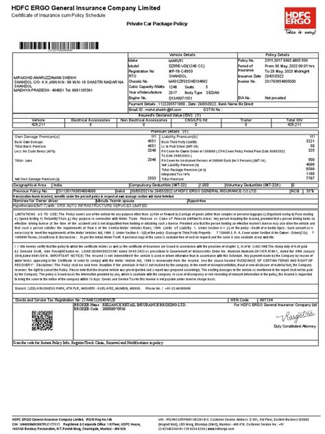 Image result for Car Insurance Policy Example