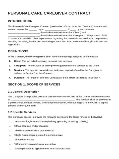 Personal Care Caregiver Contract Template - Blank Fillable Template ...