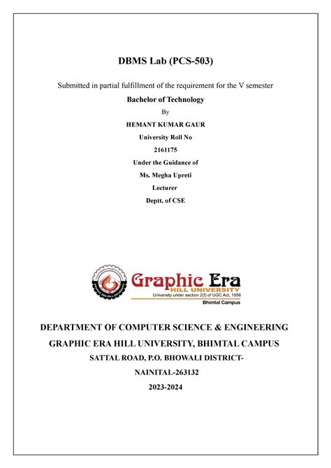 Hemant DBMS - jjhhhhhhkj - DBMS Lab (PCS-503) Submitted in partial ...