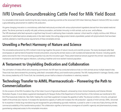 IVRI Unveils Groundbreaking Cattle Feed for Milk Yield Boost – Aimil ...