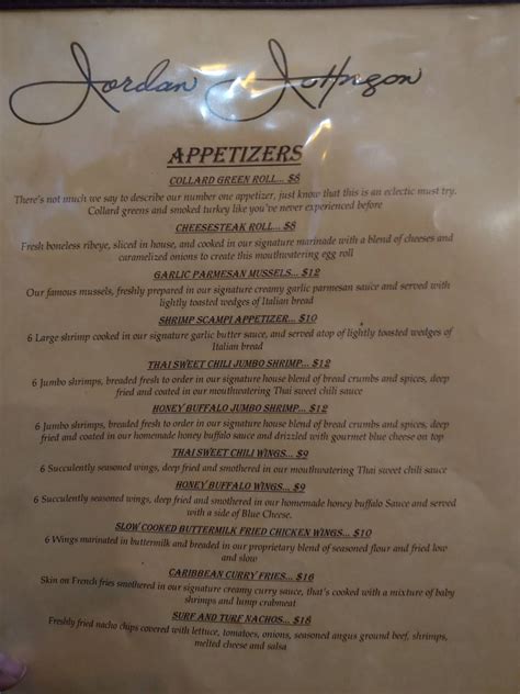 Menu at Jordan Johnson restaurant, Philadelphia, Frankford Ave