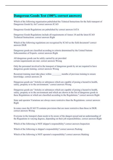 Dangerous Goods Test (100% correct answers) - Dangerous Goods - Stuvia US