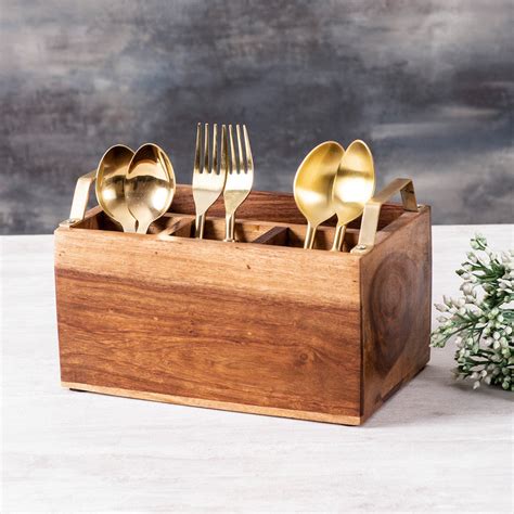 Buy Gold Teak Wood Cutlery Holder Online at Best Price in India – Nestroots