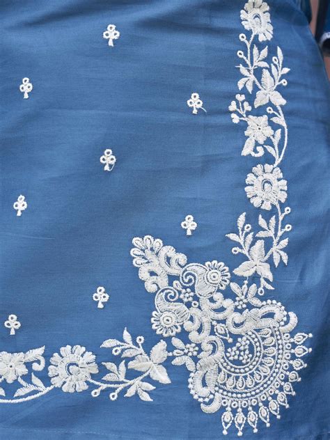 Blue Cotton Blend With White Thread Work Kurta Set