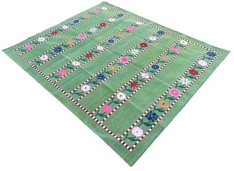 Modern Handmade Cotton Area Rug, Green And Red Flower Indian Dhurrie-6 ...