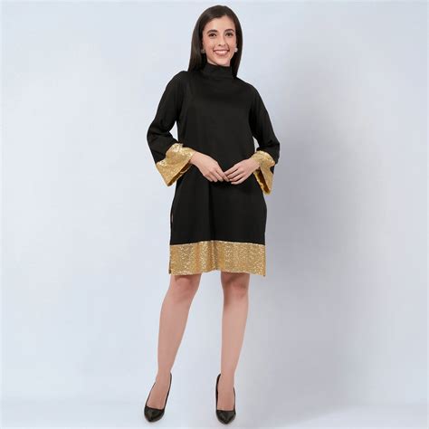 Black Cotton Satin Tunic Dress with Gold Sequin Border – First Resort ...