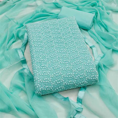 Stylish Turquoise Thread Embroidered With Sequins Work Georgette Dress